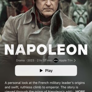 Screenshot of the page for the Apple TV+ original movie “Napoleon” in the Apple TV app, with a hand-annotated question mark where a Rotten Tomatoes score would go, but is absent.