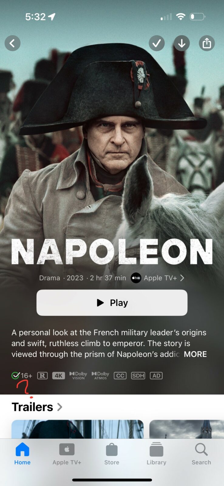Screenshot of the page for the Apple TV+ original movie “Napoleon” in the Apple TV app, with a hand-annotated question mark where a Rotten Tomatoes score would go, but is absent.