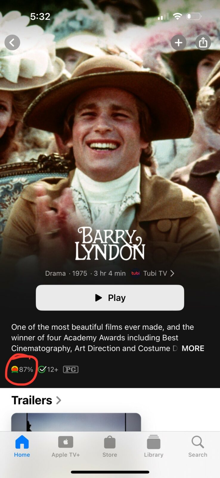 Screenshot of the page for the movie “Barry Lyndon” in the Apple TV app, with a circled Rotten Tomatoes score of 87%.