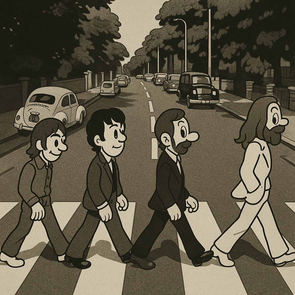 The Beatles' "Abbey Road"  photograph, but in the style of Max Fleischer, generated by OpenAI