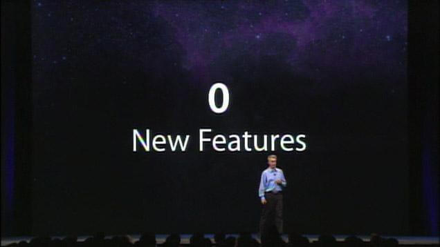The "0 new features" slide at the OS X Snow Leopard preview at WWDC 2008
