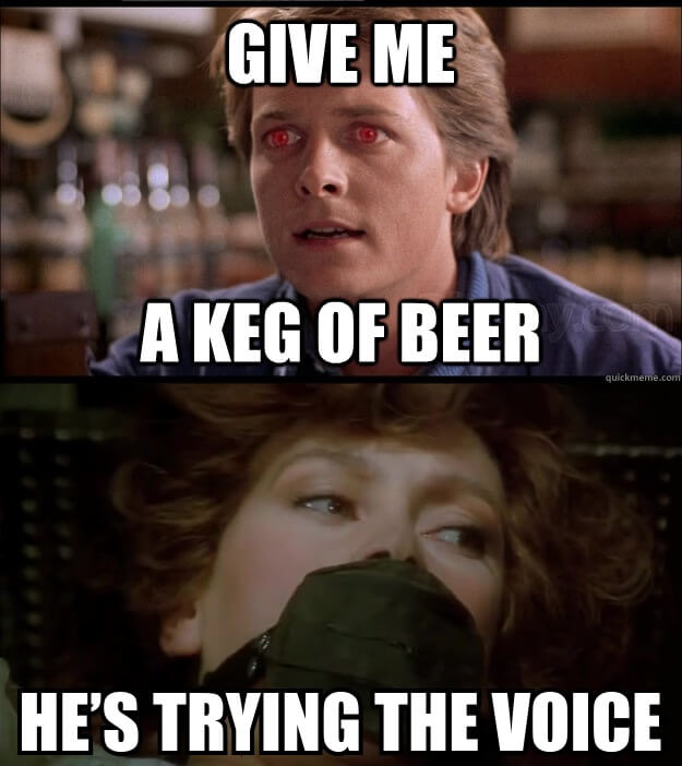 Top half: Still from Teen Wolf where Scott has glowing red eyes and says to the liquor store clerk, "Give me a keg of beer."

Bottom half: Jessica Atreides saying "He's trying the voice"